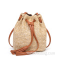 Fashion Design Dubai Beach Style Drawstring Closure PU Leather Handle Tassels Ladies Women Beach Bag Straw Handbags